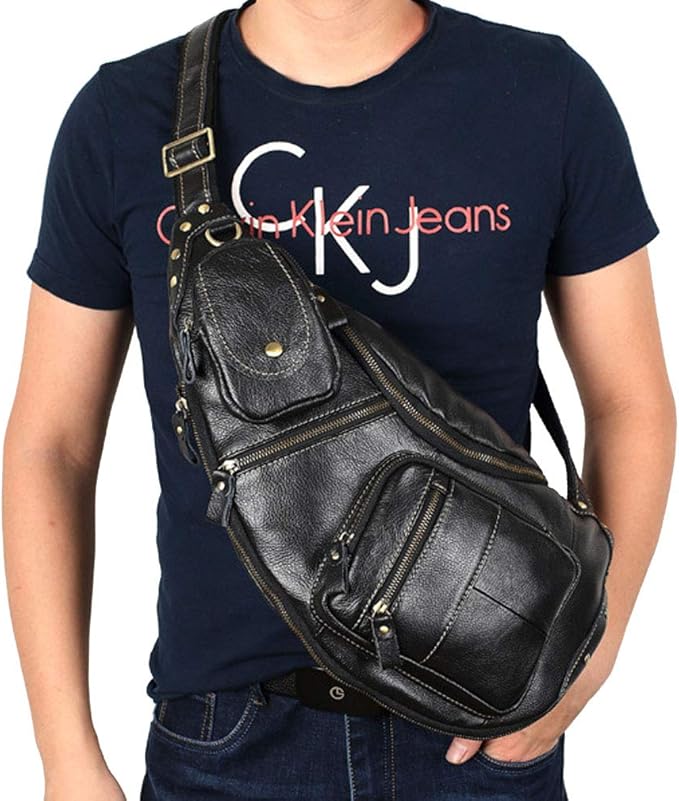 Hebetag Vinatge Leather Sling Bag Crossbody Backpack for Men Travel Outdoor Hiking Large Cool Shoulder Chest Pack Bags Daypack
