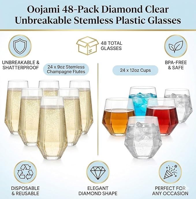 Oojami 48 Pack Diamond Clear Unbreakable Stemless Plastic Glasses 24 9oz Stemless Champagne Flutes & 24 12oz Cups BPA-Free, Disposable, Shatterproof Drinkware for Weddings, Bars, Events, and Parties