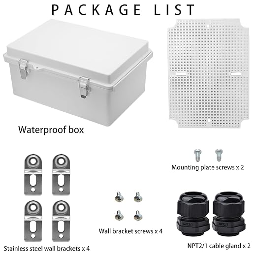 Waterproof Electrical Box with Mounting Plate, IP67 Junction Box Stainless Steel Latch Hinged Grey Cover Project Enclosure with Wall Bracket and 2 Glands 8.3" x 6.3" x 3.9"