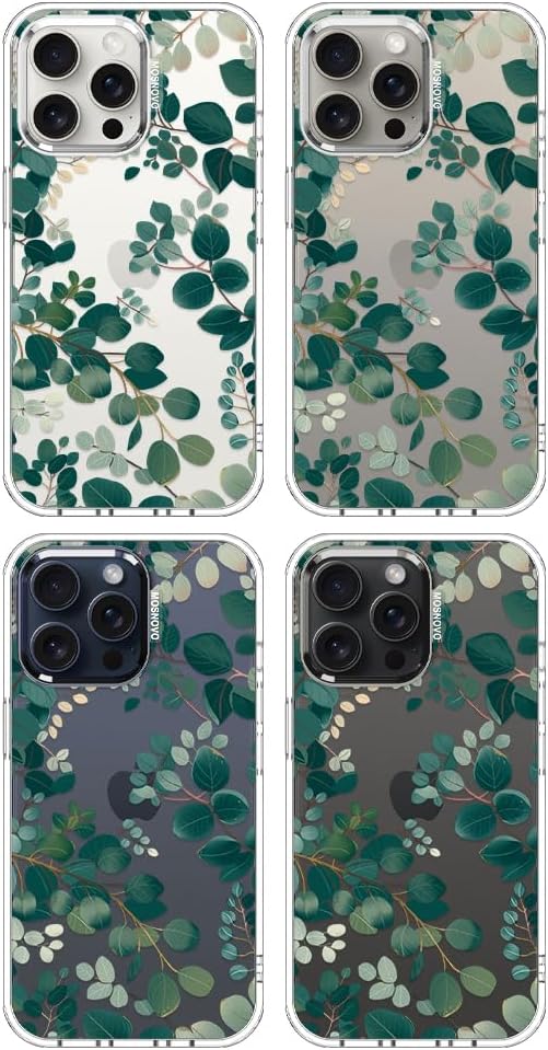 MOSNOVO Case for iPhone 15 Pro Max, [Buffertech 6.6ft Military-Grade Drop Protection] [Anti Peel Off Tech] Clear TPU Bumper Phone Case Cover Design - Eucalyptus