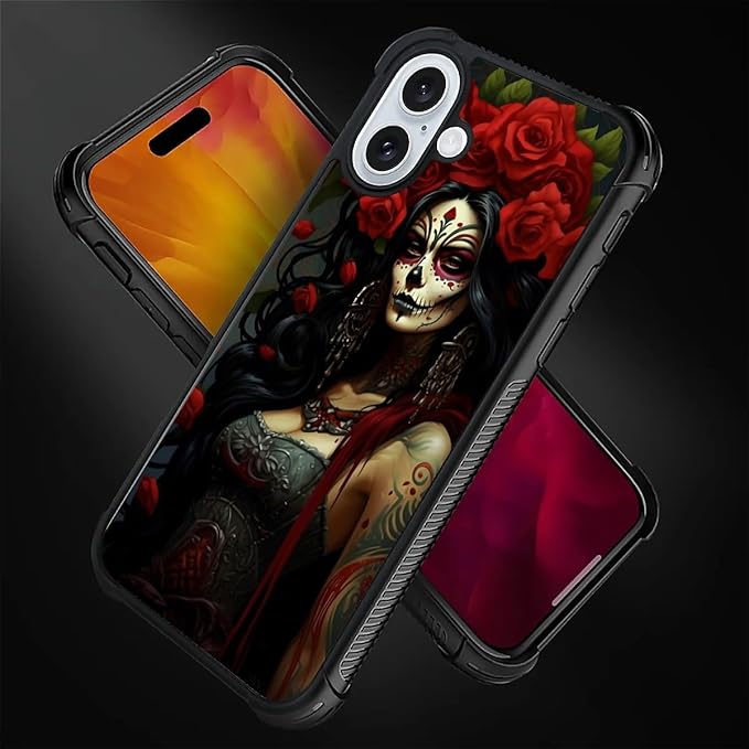 for iPhone 16 Case, Day of The Dead Halloween Woman Pattern Graphic Design Girl Boy Soft Silicone Hard Acrylic Shock Protection for iPhone 16