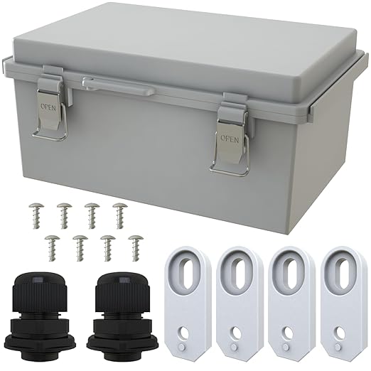 MAKERELE Gray Plastic Waterproof Electrical Box Outdoor,IP67 ABS with Hinged Cover,Weatherproof Mounting Plate,Wall Bracket,Stainless Steel Buckle and 1/2" NPT*2(11.4"×7.5"×5.5")