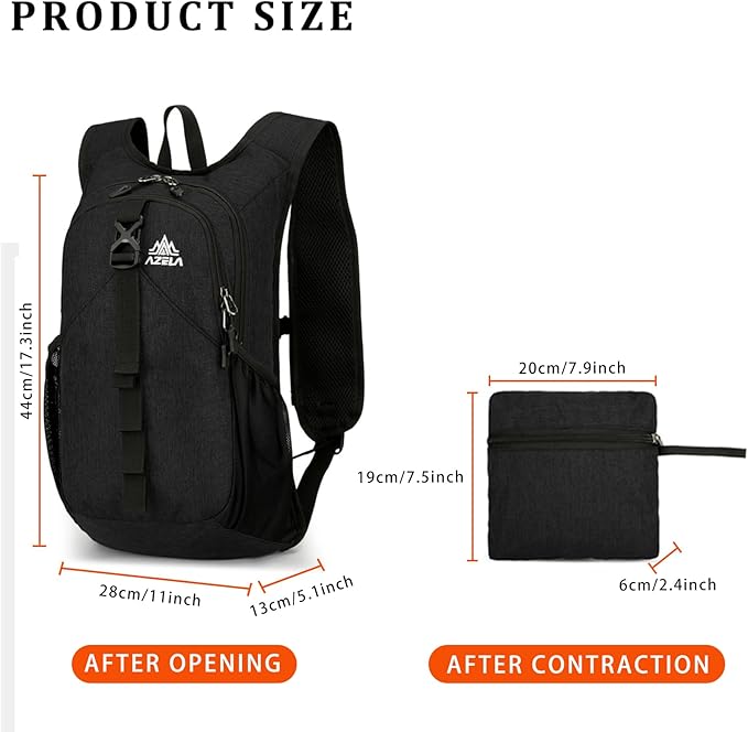 15L Small Hiking Backpack Foldable Ultralight Trekking Camping Outdoors Backpack for Women Men (black)