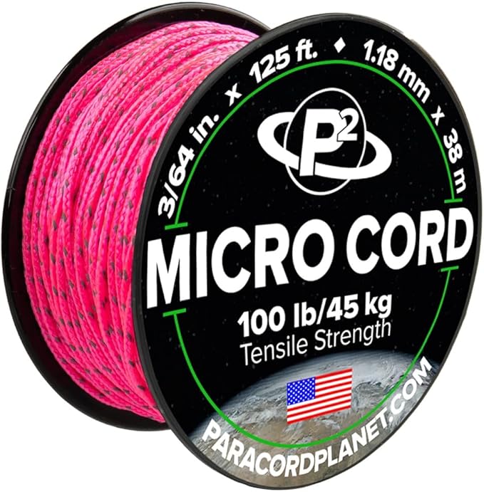 Paracord Planet Micro Paracord – Thin Braided Cord for Crafting, Fishing, and DIY Projects in 125 ft Spools – Reflective Neon Pink