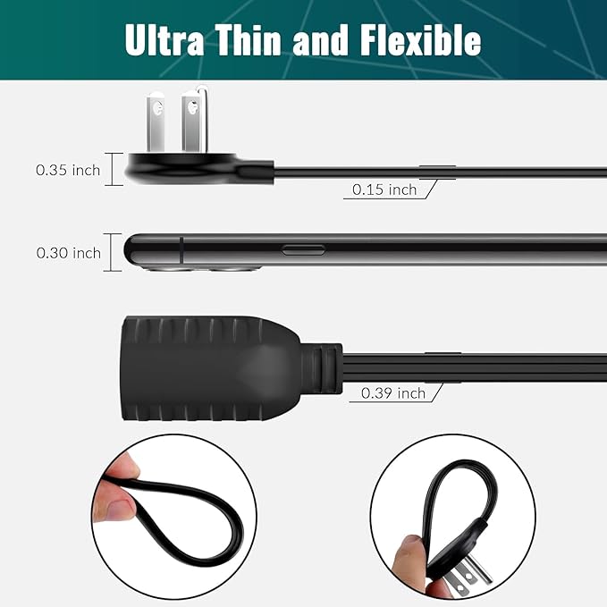 Elecan Flat Plug Extension Cord 20 Ft with Slim Space-Saving Plug Design, Thin Flat Cable Low Profile Power Cord 3 Prong Grounded Wire, 16 Gauge 13 A/125 V-Black-ETL Certified