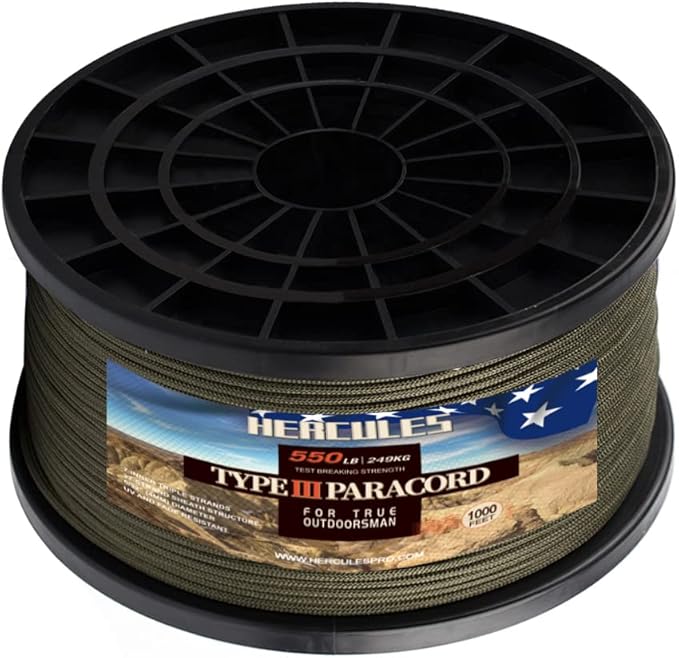 HERCULES Type III Paracord 550 Paracord Rope Parachute Cord, 1000' Army Green for Camping Cord, Survival Rope
