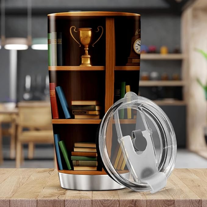 CUBICER Bookshelf Design Stainless Steel Tumbler 20 Oz For Book Lovers Teachers Librarians And Writers Gift Reading Enthusiasts Heat Coffee Iced Insulated Hot Cool Travel