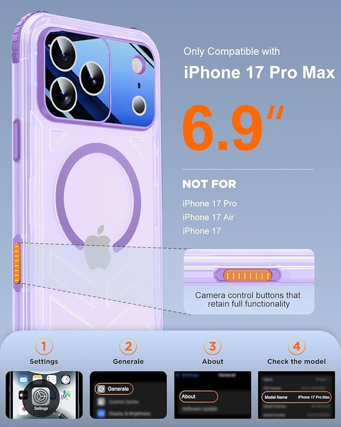 for iPhone 17 Pro Max Waterproof Case with Magsafe, Built-in [Camera & Screen Protector] [Lanyard], IP68 Water Proof Full Body Dustproof Heavy Duty Frosted Protective Phone Cover, 6.9" Purple