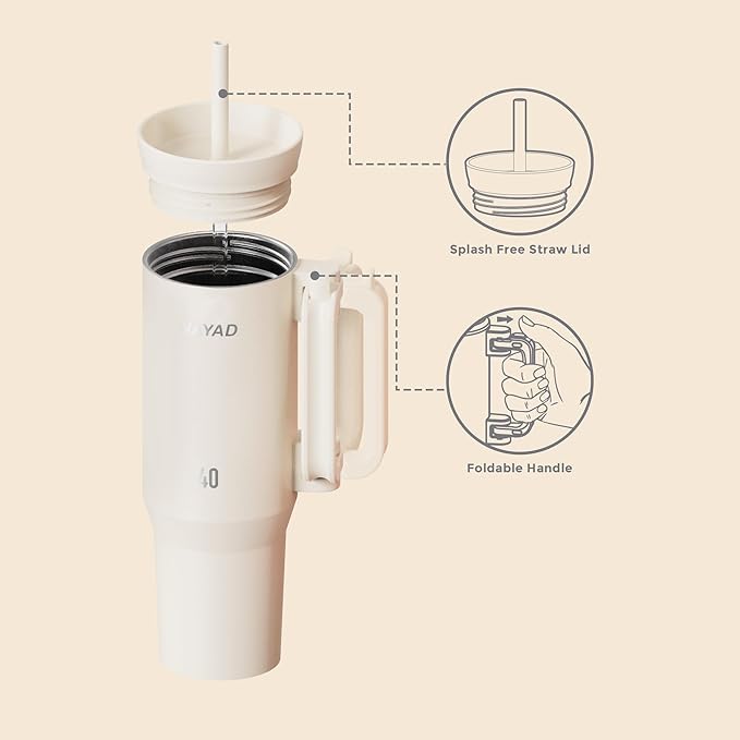 NAYAD 40oz Gift For Mom Tumbler with Handle and Straw Insulated Stainless Steel Travel Mug, Flip Lid & Straw Lid, Folding Handle, Cupholder Compatible, Leakproof Water Bottle for Travel (White)