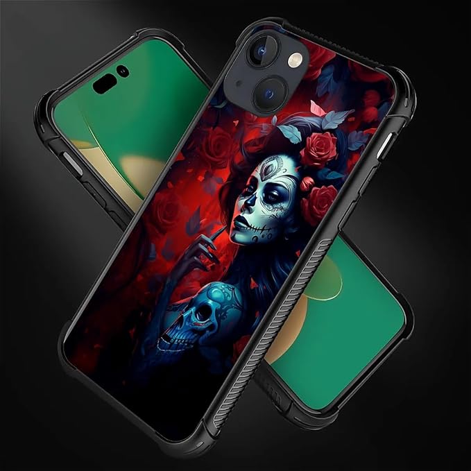 for iPhone 14 Case, Skull Lady Rose Pattern Graphic Design Girl Boy Soft Silicone Hard Acrylic Shock Protection for iPhone 14