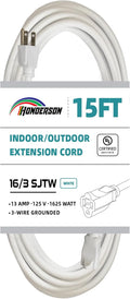 Indoor/Outdoor Extension Cord, 16 Gauge 15FT White 3 Prong Heavy Duty, Weatherproof, UL Certified, 16/3 SJTW 13A Power Cord for Outdoor Lights, Appliances, Lawn