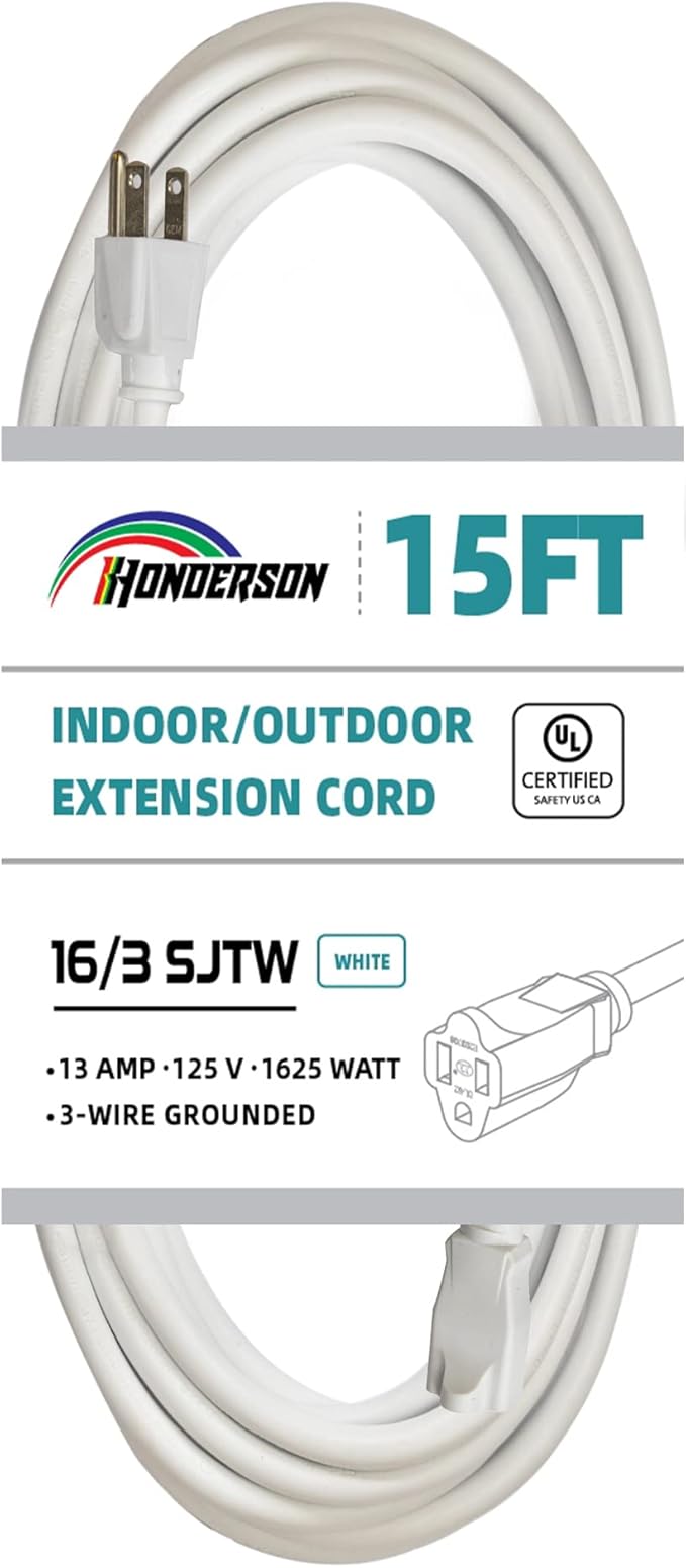 Indoor/Outdoor Extension Cord, 16 Gauge 15FT White 3 Prong Heavy Duty, Weatherproof, UL Certified, 16/3 SJTW 13A Power Cord for Outdoor Lights, Appliances, Lawn
