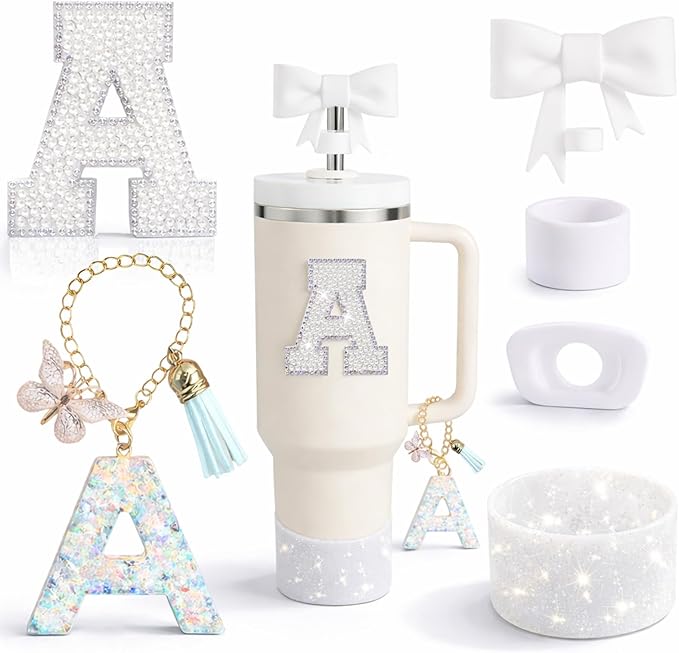 6PCS White Stanley Cup Accessories Set Fit for Stanley Cup 30oz 40oz. Including Handle Charm, Personalized Initial Sticker, Straw Topper, Sparkly Silicone Boot, Spill Proof Stopper (Letter-A)