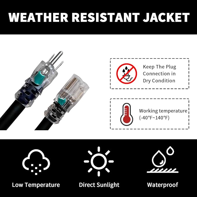 Indoor Outdoor Extension Cord Weatherproof with Lighted End, UL Certified, 16 Gauge 20FT Black 3 Prong Heavy Duty, 16/3 SJTW 13A Power Cord for Outdoor Lights, Lawn