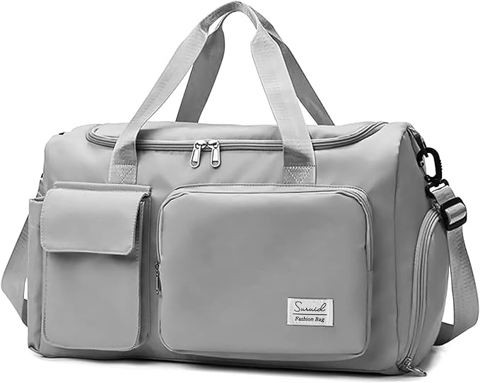 Suruid Sports Gym Duffel Bag with Shoes Compartment and Dry Wet Separated Pocket for Men and Women - Overnight Weekender Training Handbag Yoga Bag - Gray