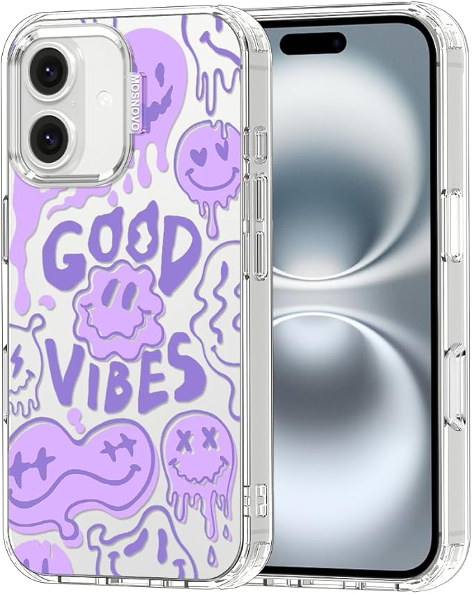 MOSNOVO Case for iPhone 16, [Buffertech 6.6ft Military-Grade Drop Protection] [Anti Peel Off Tech] Clear TPU Bumper Phone Case Cover Design - Good Vibes