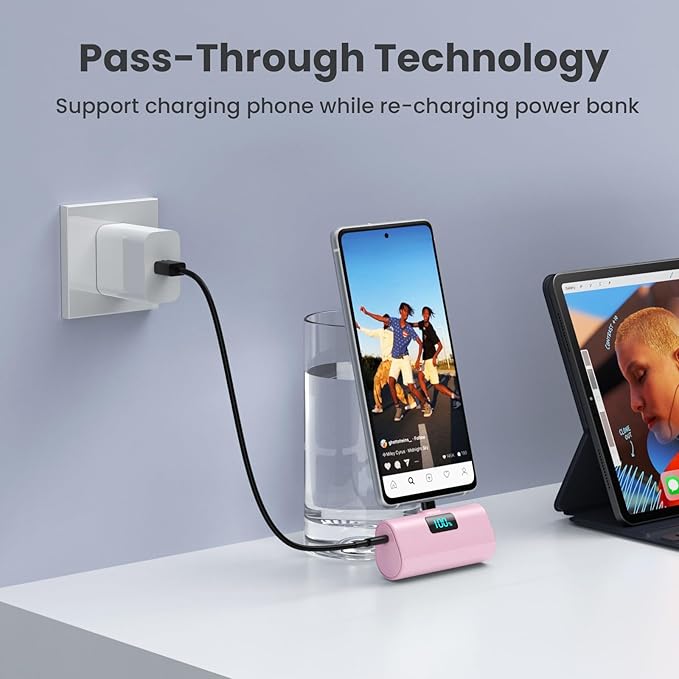 [2-Pack]Small Portable Charger 5200mAh, Upgraded PD USB C Power Bank Built-in USB-C Connector,LCD Display Battery Pack Compatible with iPhone 15/15 Plus/15 Pro/15 Pro Max/Samsung Android(Pink+Purple)