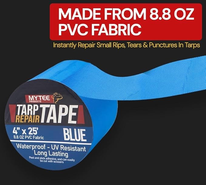 Mytee Products 4" x25' Blue Vinyl Tarp Repair Tape Kit – Heavy Duty 8.8oz Peel & Stick Waterproof Patch for Canvas, Tent, Awning, Boat Cover, RV & Truck Tarps, UV Resistant
