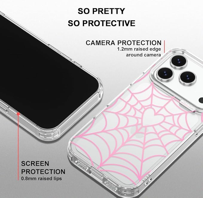 MOSNOVO for iPhone 17 Pro Case, Shockproof Military-Grade Protection 6.6ft Drop Tested, Camera Control, Clear Phone Case for iPhone 17 Pro, Pink Spiderweb Design