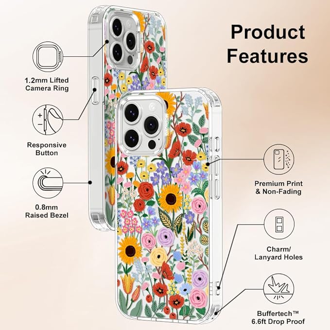 MOSNOVO Case for iPhone 13 Pro Max, [Buffertech 6.6ft Military-Grade Drop Protection] [Anti Peel Off Tech] Clear TPU Bumper Phone Case Cover Design - Blossom & Bloom