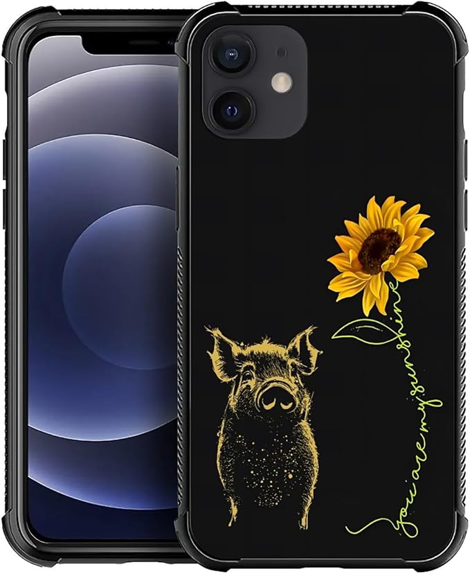 for iPhone 12 Mini Case, Pig Sunflower Yellow Sunshine Pattern Made of Soft Silicone Hard Acrylic Shock Protection for iPhone 12 Mini