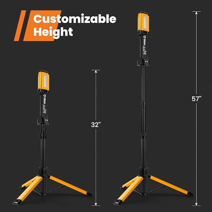 Rechargeable Work Light with Stand, GoGonova Cordless Work Light with Triple LED Lamps, 8AH Battery, 700/1200/2200 Lumen, 4000/6500K Dimmable Camping Light with Detachable Tripod（Yellow）