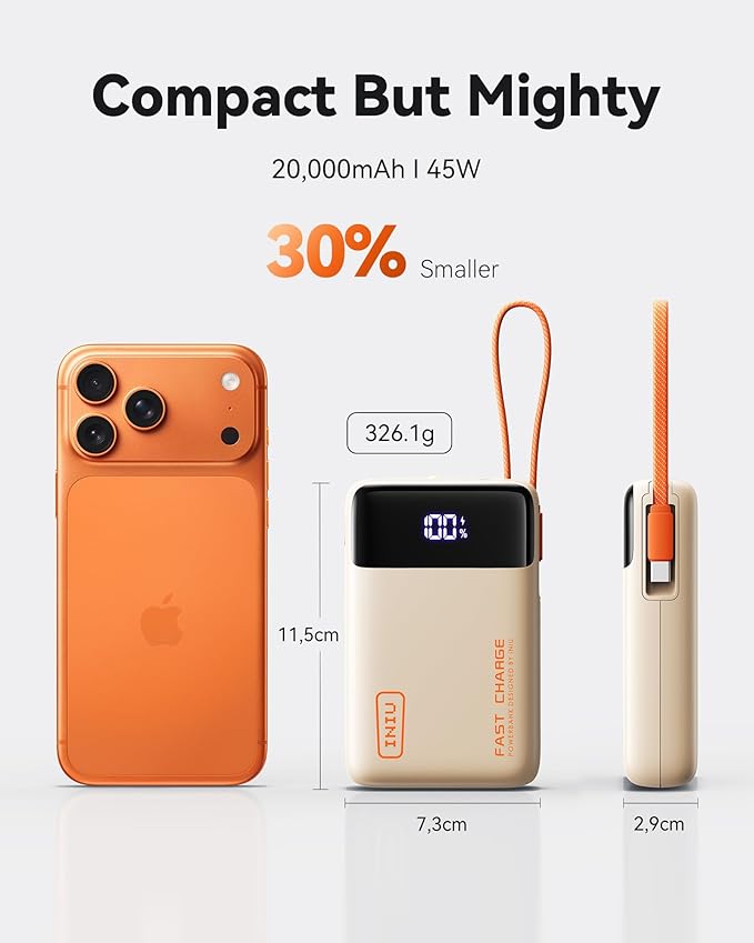 INIU 20000mAh Power Bank, Small Portable Charger, 45W PD Fast Charging Battery Pack with Build in USB-C Cable, Travel Phone Charger for iPhone 17 16 15 14 Air Samsung S25 S24 Google iPad Xiaomi, Beige