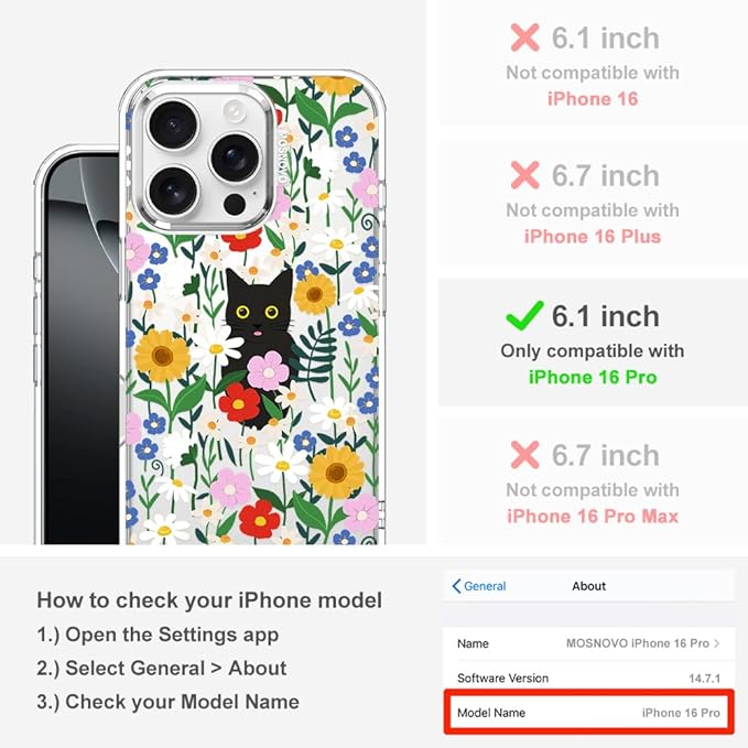 MOSNOVO Case for iPhone 16 Pro, [Buffertech 6.6ft Military-Grade Drop Protection] [Anti Peel Off Tech] Clear TPU Bumper Phone Case Cover Design - Black Cat in Garden