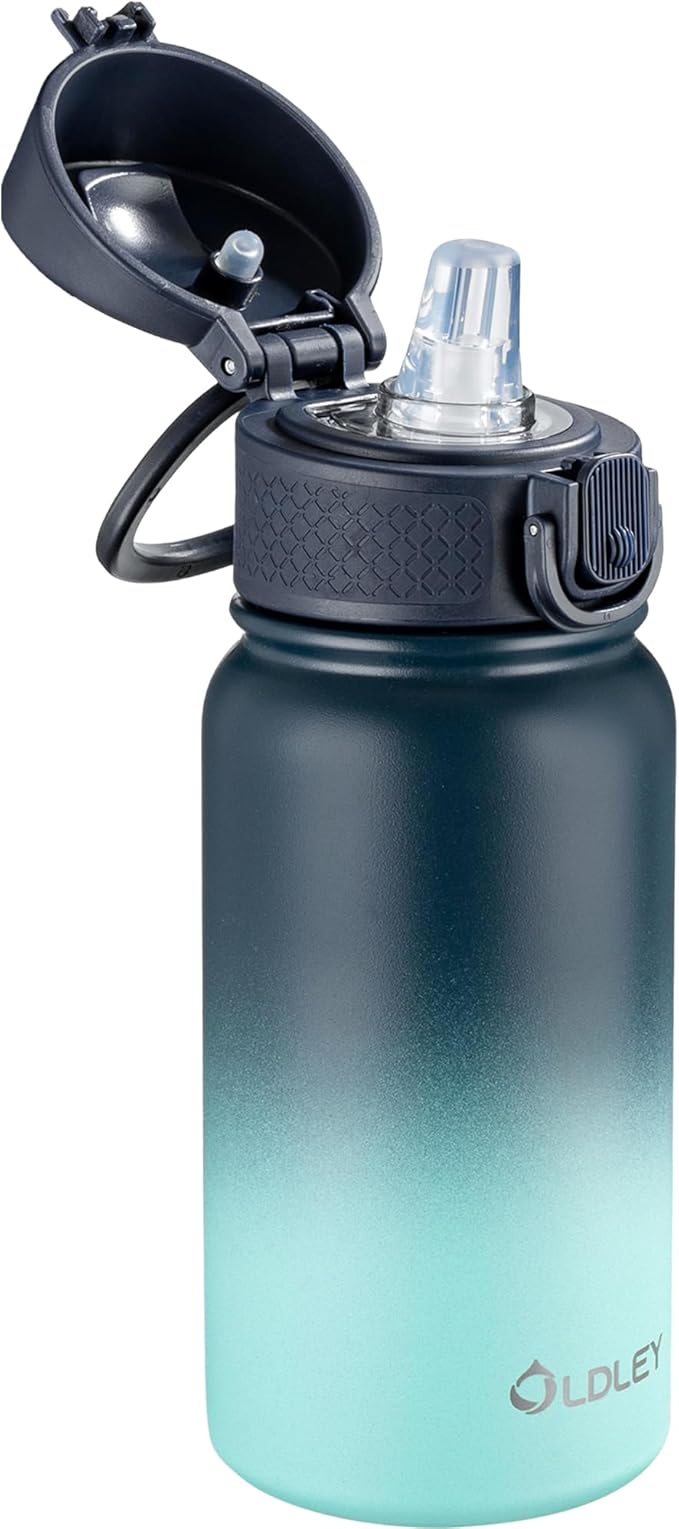 OLDLEY 12oz Kids Water Bottle, Stainless Steel Insulated Water Bottle For Kids, With Straws Leak-proof, Kids Water Bottles For School Boys Girls,Blue Green