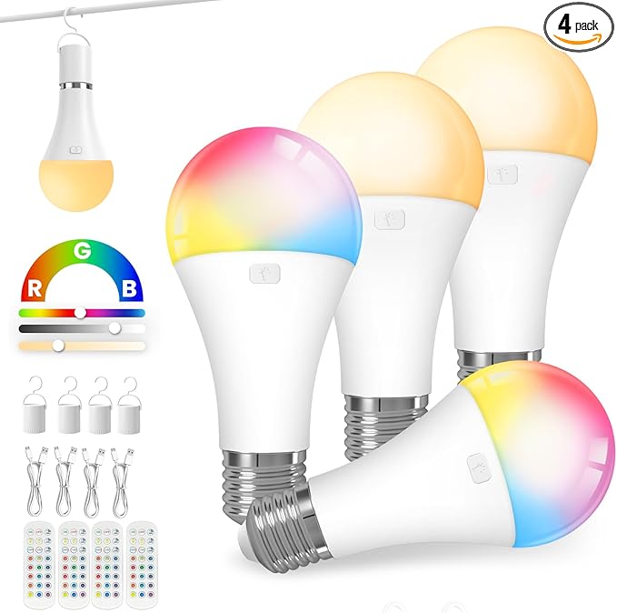 KINDEEP Rechargeable Light Bulbs with Remote, E26 Battery Operated LED Bulb: 2000mAh Dimmable Wireless Backup Light Bulbs with 15 Colors & 3 Timer for Non-Hardwired Lamps Wall Sconce, 4 Pack
