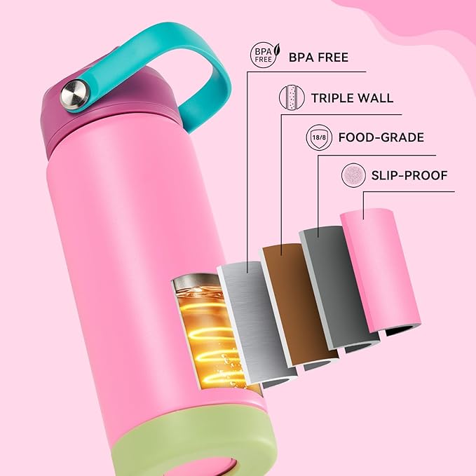 Fijinhom 24oz Insulated Stainless Steel Water Bottle, Wide Mouth Double Wall Vacuum, Silicone Straw, Sweat & Leak Proof, BPA Free Insulated Water Flask for Travel, Keep Cold 24h Hot 12h, Berries