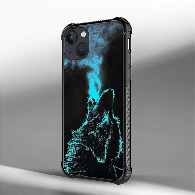 for iPhone 13 Mini Case, Blue Breathing Wolf Pattern Graphic Design Girl Boy Soft Silicone Hard Acrylic Shock Protection for iPhone 13 Mini