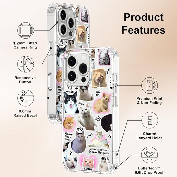 MOSNOVO Case for iPhone 16 Pro, [Buffertech 6.6ft Military-Grade Drop Protection] [Anti Peel Off Tech] Clear TPU Bumper Phone Case Cover Design - The Cat Brigade