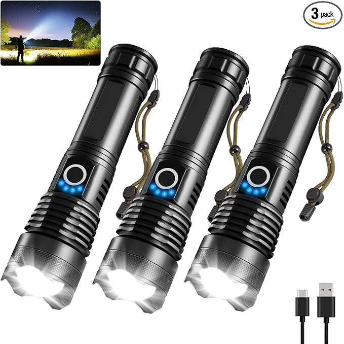 UUYEE 3Pack Rechargeable Flashlights High Lumens, Super Bright Flashlight, 5Modes LED Flashlight Rechargeable, Adjustable Tactical Flashlights High Powered, Flash Lights for Emergency Camping Home