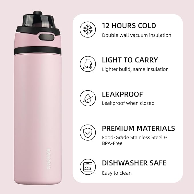 BJPKPK 25oz Insulated Water Bottle with 2-1 Straw Spout Lid, Stainless Steel Metal Water Bottles with Carry Handle, BPA Free, Leak-Proof, Fits in Car Cup Holder, Thermo for Sports,Pearl Pink