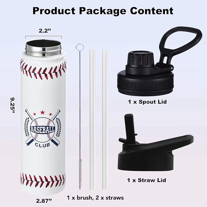 Baseball Water Bottle, 24 oz Insulated Stainless Steel Sports Bottle with Straw, Baseball Stuff Gifts for Boys