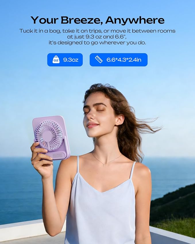 Otlonpe Personal Portable Desk Fan, 4000mAh Small Rechargeable Portable Fan Battery Operated & USB Powered for Travel Sleeping Bedroom Office Home Table, Cordless, Quiet, 4-Speed, 6.5 Inch (Purple)