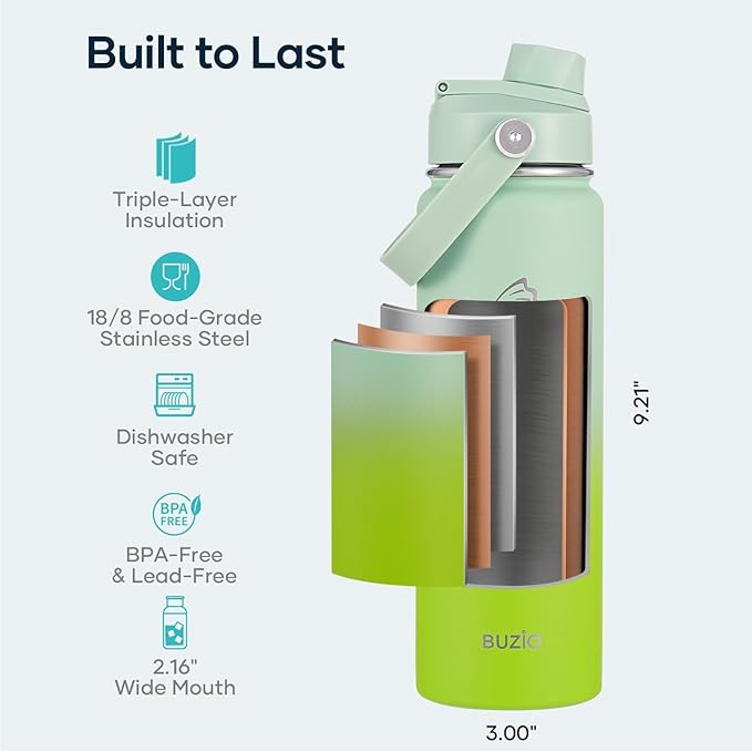 BUZIO 24 oz Insulated Water Bottle, Stainless Steel Wide Mouth Water Flask with Straw Lid, Cold for 48 Hrs Leak Proof Metal Hydro Thermo Canteen Mug, Gradient Green