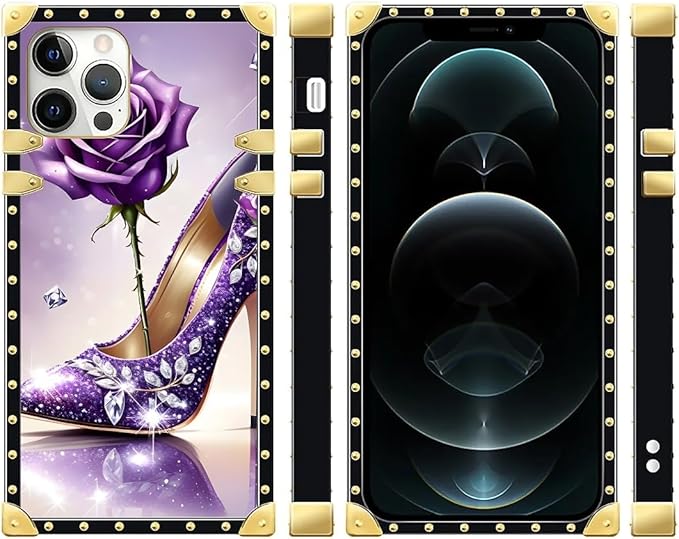 Compatible with iPhone 12 12 Pro Case, High Heeled Purple Diamond Rose Luxury Golden Decoration for Girl Women Soft TPU Shockproof Protective Hard PC Back for iPhone 12 12 Pro