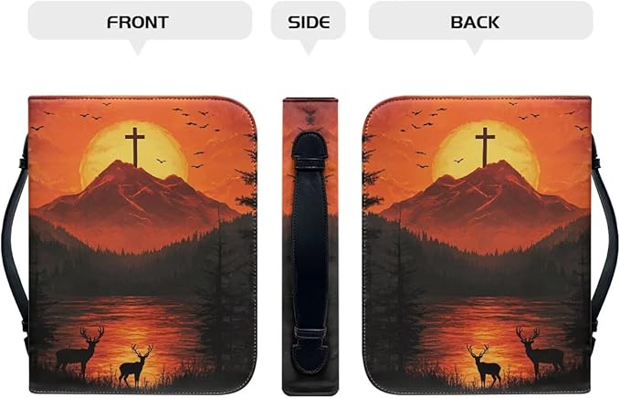 Bible Study Supplies Bible Cover for Men Cross Deer Sunset Print Leather Bible Cover case for Women Halloween Christmas Day or Christian Gifts for Women Church Bag(Holy Land Twilight)