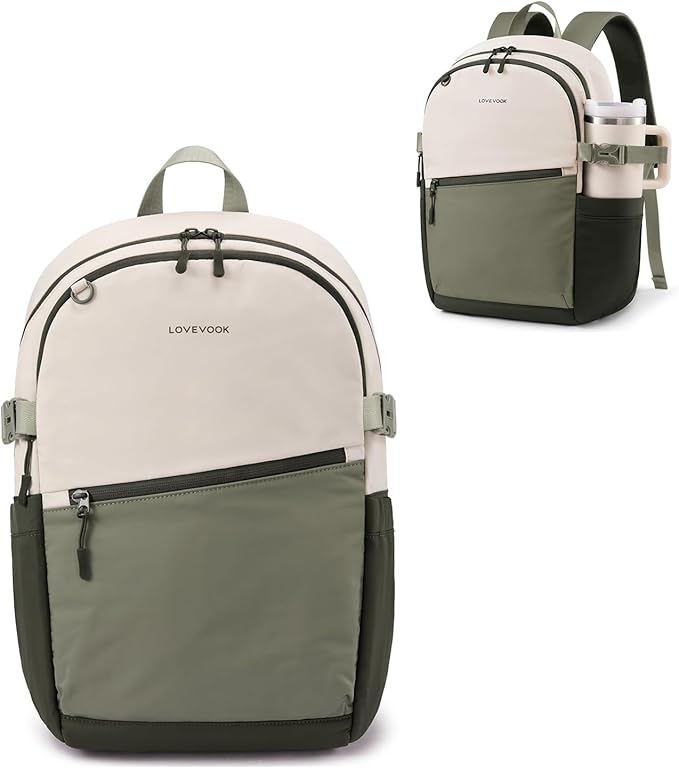 LOVEVOOK Everyday Backpack for Women, Chic Versatile Backpack with Water Bottle Pocket, Lightweight Waterproof Casual Daypack for City Work Commute, College, Travel & Gifts, Beige-Olive Green