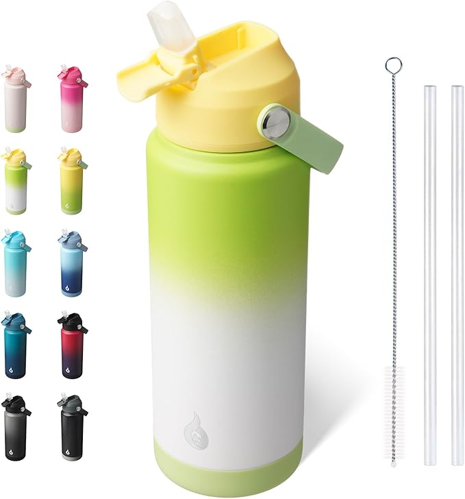 BJPKPK Water Bottle with Straw Lid, 24oz Vacuum Insulated Water Bottles, Metal Stainless Steel Thermo for Sports, Travel, BPA Free Leak Proof Thermo, Cups, Flasks, Tumblers,Green