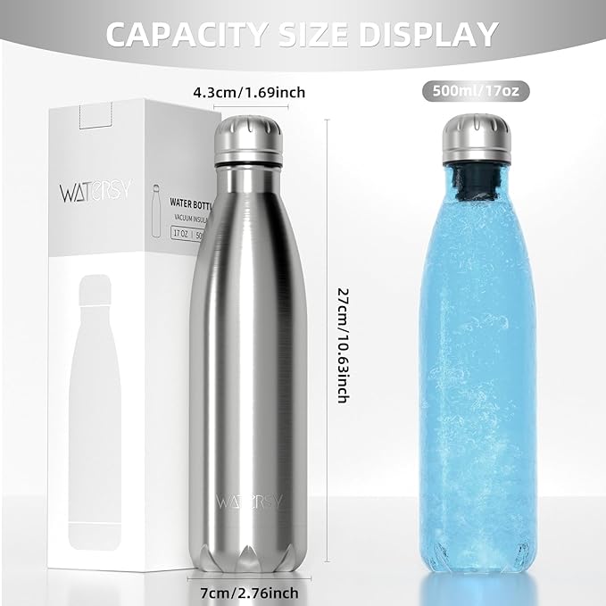 WATERSY Stainless Steel water bottles,17oz/500ml Insulated Water Bottles,Sliver metal water bottle Keeps Drink Cold and Hot,BPA Free kids water bottles for School,Gym,Travel,Sports