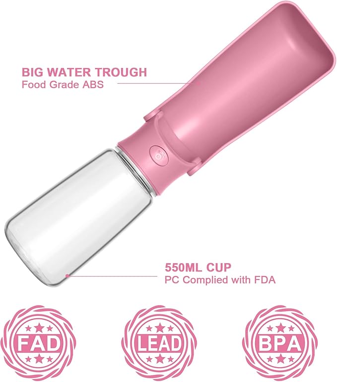 Portable Dog Water Bottle, Foldable Dog Water Bottle Leak Proof Dispenser for Puppy Small Medium Large Dogs, Pet Drink Cup for Walking Hiking Traveling(Pink,19oz)