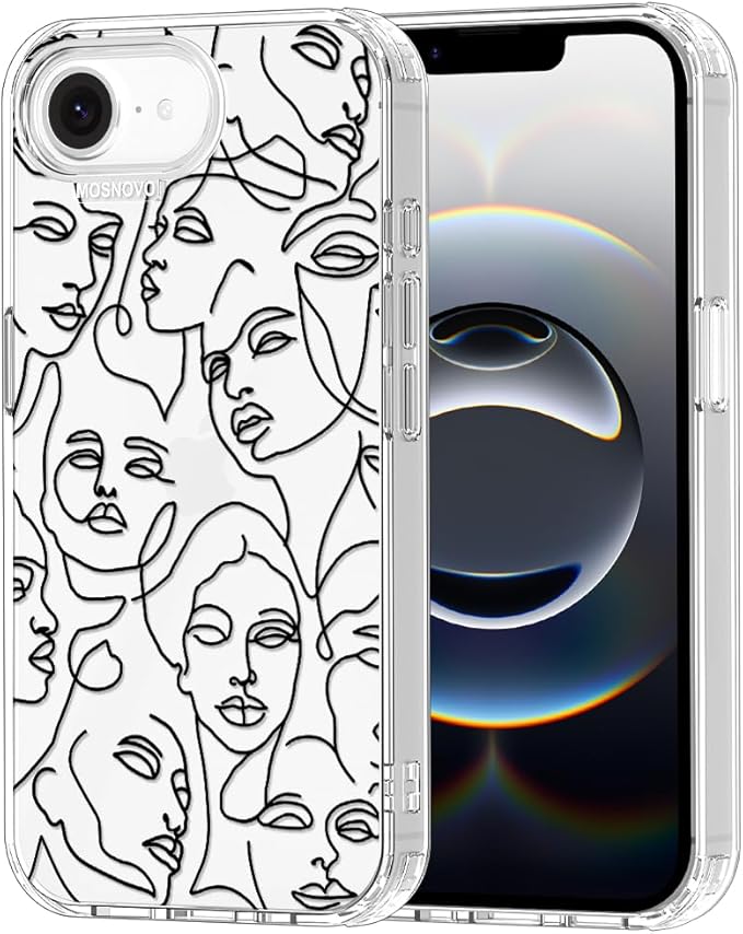 MOSNOVO for iPhone 17e Case/iPhone 16e Case, Shockproof Military-Grade Protection 6.6ft Drop Tested, Clear Phone Case for iPhone 16e / iPhone 17e, Abstract Face Line Art Design