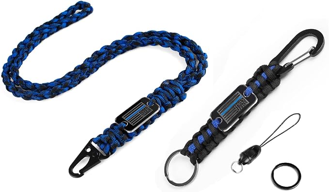 Thin Blue Line Paracord Key Lanyard for Men Long Neck Lanyard and Short for Keys with Cool USA Flag