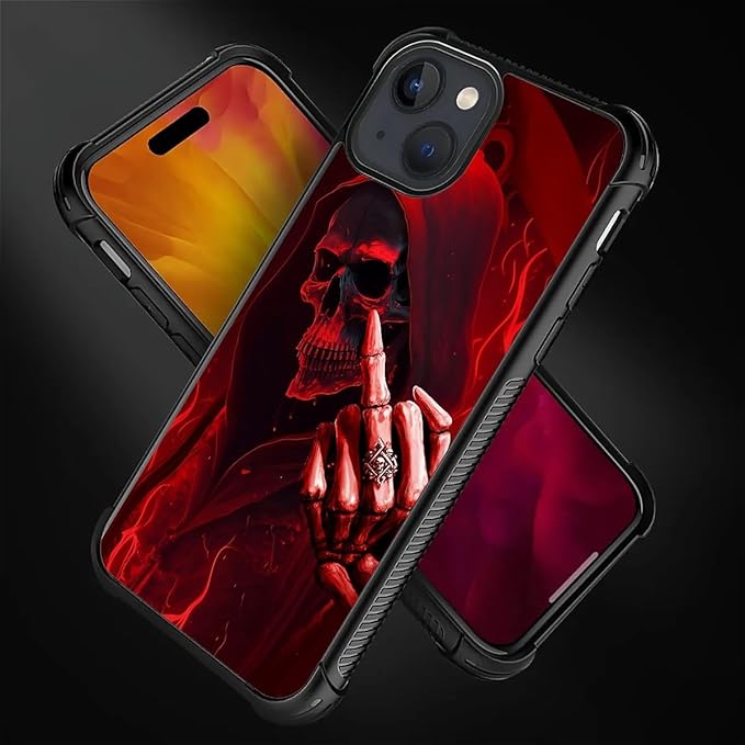 for iPhone 15 Plus Case, Gestures Funny Skull Pattern Graphic Design Girl Boy Soft Silicone Hard Acrylic Shock Protection for iPhone 15 Plus