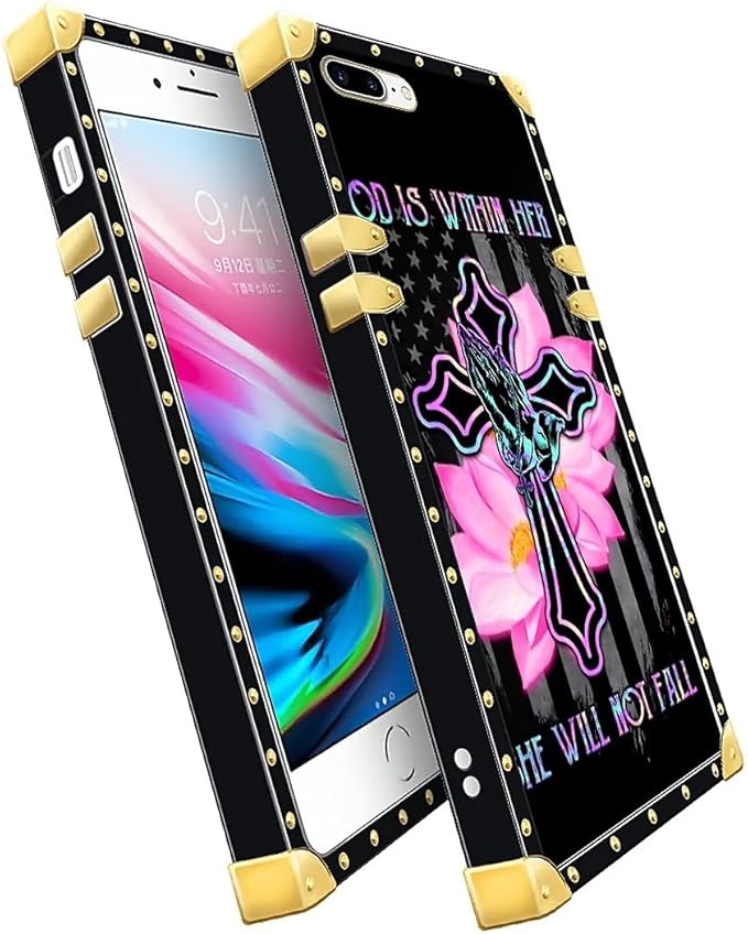 Compatible with iPhone 8 7 SE Case, Praying Cross Hands Luxury Golden Decoration for Girl Women Soft TPU Shockproof Protective Hard PC Back for iPhone 8 7 SE