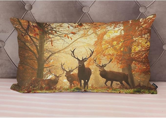 EKOBLA Deers Decorative Pillow Cushion Covers Herd of Deer Stand Among The Fall Colors Forest Trees Autumn Oblong Rectangle Throw Pillow Cases for Sofa Bed Couch Cotton Linen 12x20 Inches