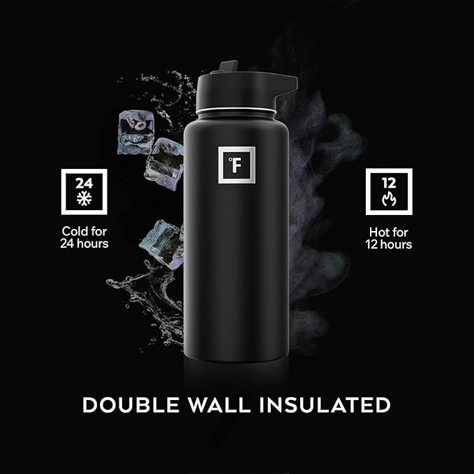 IRON °FLASK Camping & Hiking Hydration Flask with Straw, Wide Mouth Insulated Stainless Steel Sports Water Bottle - 32 oz Midnight Black